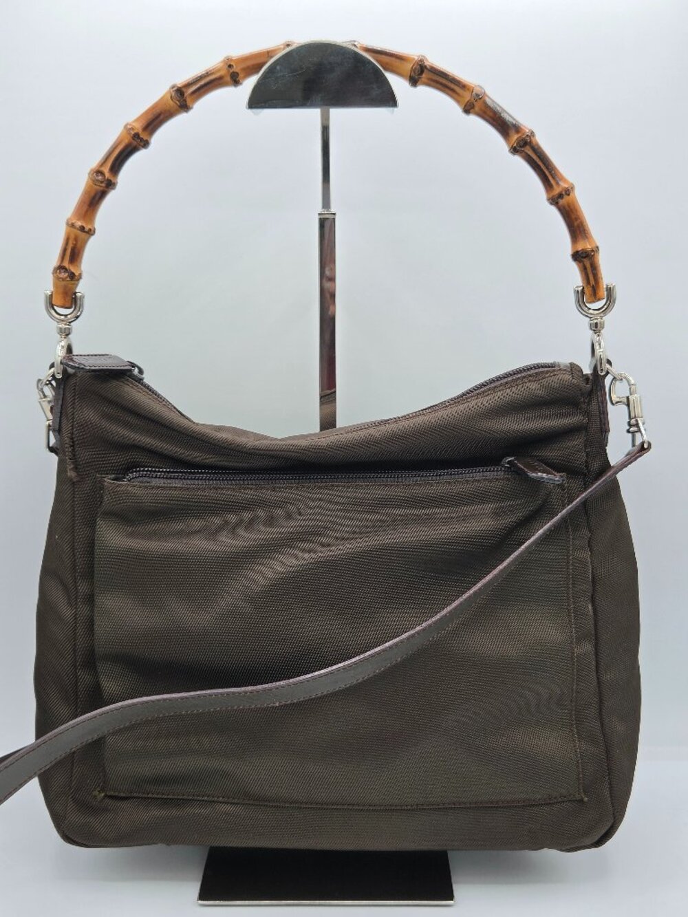 Gucci Bamboo 2-Way Nylon Hobo Bag Olive Green | Bamboo Handle | Shoulder